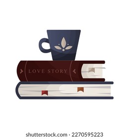 Stack of books with cup of tea. Books pile. Education book heap. Bookstore, bookshop, library, book lover, bibliophile, education. Textbook for reading. Vector illustration for poster, banner, website
