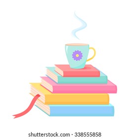 stack of books with a cup vector illustration