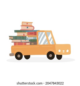 Stack of books in a cute truck. Delivery concept for online bookstore. Book pile from an online store. Flat vector illustration.