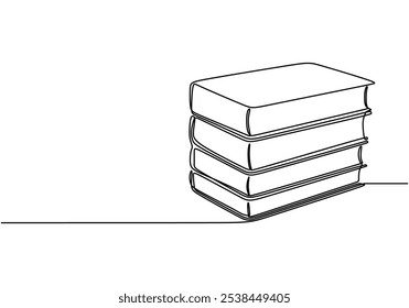 Pilha de livros retratados em desenho contínuo de uma linha. Conceito de educação que enfatiza o conhecimento e os recursos de aprendizagem.