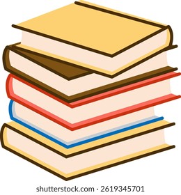 Uma pilha de livros é representada em um estilo de contorno simples com cores sólidas da página.  Vários volumes são exibidos empilhados perfeitamente, representando conhecimento e aprendizado. Ilustração de vetor de desenhos animados