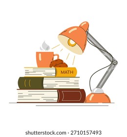 Pila de libros con lámpara de escritorio, café y galletas. Ilustración vectorial acogedora