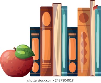 stack books of different genres with an apple on a white background. Reading concept. Book festival. Design of greeting cards, posters, patches, prints on clothes, emblems. Various colors books.