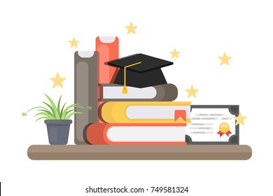 Stack of books, diploma and graduated cap on the shelf on white background.
