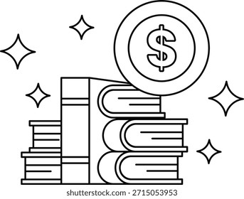 Ein Stapel Bücher mit einem Dollarzeichen oben. Das Dollarzeichen ist von einem Kreis umgeben. Konzept des Reichtums und des Wertes des Wissens