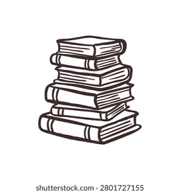Stack of books doodle illustration. Hand drawn minimal outline vector in whimsical naive style isolated on background.