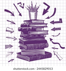 Pila de libros garabato sobre fondo de papel a cuadros, Ilustración vectorial. Dibujo con un bolígrafo azul en una hoja de cuaderno . Hecho a mano, no Ilustración vectorial de IA.
