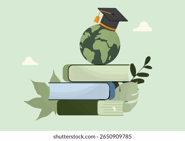 Stack of books with Earth globe wearing graduation cap surrounded representing environmental education and sustainable learning concepts. Environmental responsibility. Vector illustration