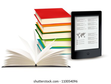  Stack of books with e-book reader. Concept of  Vector illustration.