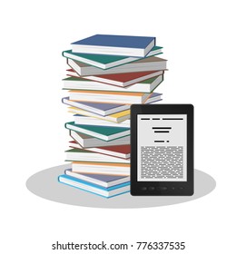 Stack of books and an electronic book on a white background. Vector illustration.