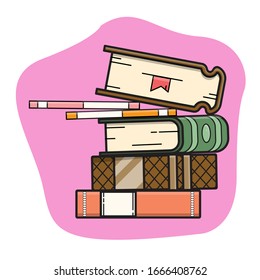 a stack of books and equipment