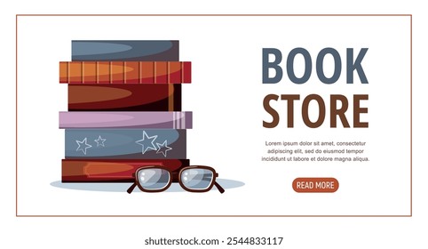 Stack of books and eye glasses on white background. Website page concept.