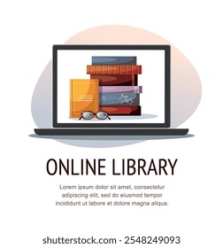 Stack of books, eyeglasses and laptop. Online library concept.