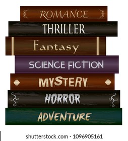 Stack of books- Fiction genre- Romance, Thriller, Fantasy, Science Fiction, Mystery, Horror and Adventure.