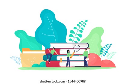 A stack of books with files and characters. Girl with a magnifier. Education, learning online. Vector illustration in cartoon flat style.