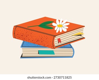Stack of books with flowers, flower decorations for literary