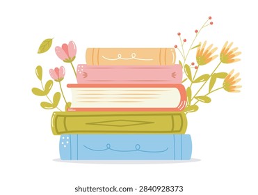 Stack of Books with flowers and Greenery. Books Vector Illustration.