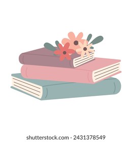 Stack of books with flowers isolated on white background. Cute flat style
