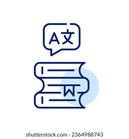 Pila de libros y símbolo de traducción de idiomas extranjeros. Icono perfecto de píxeles