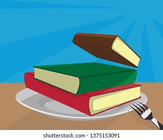 Stack of books and fork lies on big plate. Books illustrate food for brain