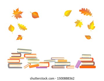 Stack of books framed with falled leaves on a white background. Autumn copyspace concept. Isolated Vector illustration in flat design.
