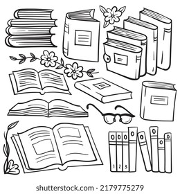 Stack of books freehand drawing in doodle style. Vector illustration isolated on white background.