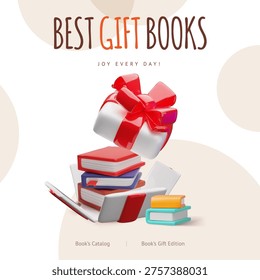 Stack of books in gift box. Best gift books shop 3D style vector application advertising design. Volumetric pile of literature. Books catalog. Library or bookstore concept with festive decoration