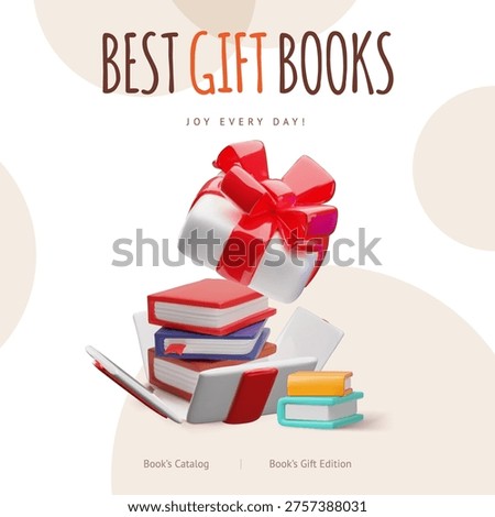 Stack of books in gift box. Best gift books shop 3D style vector application advertising design. Volumetric pile of literature. Books catalog. Library or bookstore concept with festive decoration