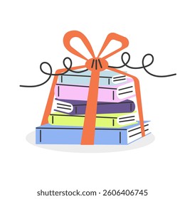 Stack of books gift. Cute pile of books tied with ribbon. Flat vector illustration on isolated white background