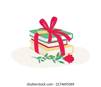 A stack of books as a gift with a red ribbon and a flower. The concept of a gift for the holiday is suitable for any person. A new book is the best present. Flat vector illustration