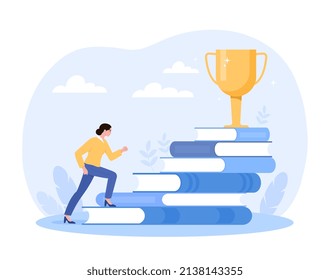 Stack of books. Girl climbs stairs to trophy. Metaphor of self development and achievement of goals. Leadership and motivation, awards. Talented businessman. Cartoon flat vector illustration