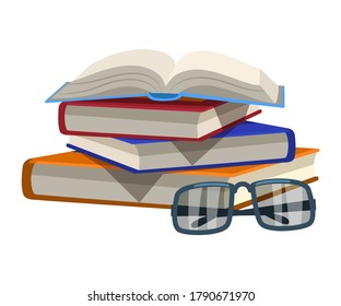 Stack of books and glasses, isolated on white background. Vector flat illustration of education concept. Studying textbook, reading literature. Bookstore, library objects. World book day symbols