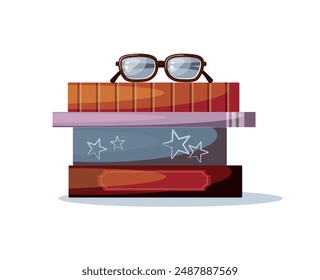 Stack of books and glasses isolated on a white background.