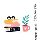stack of books with glasses on top and potted flower beside minimal study illustration