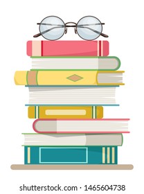 Stack of books with glasses on the top on a white background. flat design style. Vector illustration.