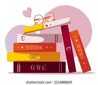 Pila de libros y anteojos encima. Amante de libros, lectura, tienda de libros, biblioteca, concepto de educación. Ilustración vectorial aislada para volante, afiche, pancarta. 