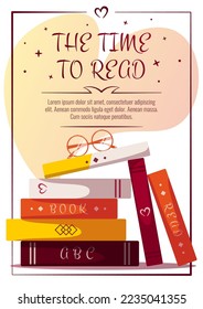 Stock von Büchern und Brillen auf. Buchliebhaber, Leser, Buchladen, Bibliothek, Bildungskonzept. A4 Vektorgrafik für Flyer, Poster, Banner. 