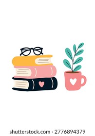 stack of books with glasses on top and potted flower beside minimal study illustration