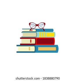 Pila de libros con anteojos de fondo blanco. Conocimiento, educación, concepto de estudio. Ilustración plana vectorial.