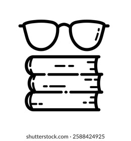 Stack Of Books With Glasses Outline Icon Isolated On White Background