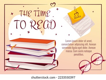 Stack of books, glasses, a piece of notebook with sticker and paper clip. Book lover, Reading, Book store, Library, Education concept. A4 vector illustration for flyer, poster, banner. 