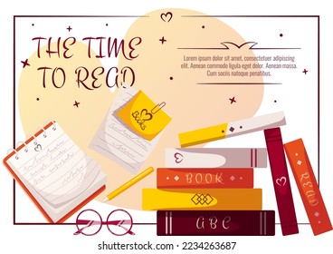 Stack of books, glasses, a piece of notebook with sticker and paper clip. Book lover, Reading, Book store, Library, Education concept. A4 vector illustration for flyer, poster, banner. 