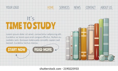 Stack of books and glasses. It's time to study horizontal template for website interface, checkered notebook background. Vector illustration. For banner, poster, flyer