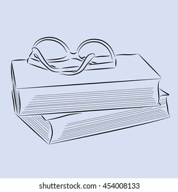 Stack of books and glasses. Vector illustration drawn by hand.