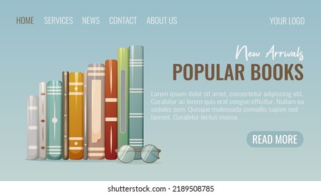 Stack of books with glasses, website interface template. Vector illustration for a bookstore. Reading, learning new information. For students, schoolchildren, lovers of literature