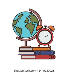 stack of books with globe on white background