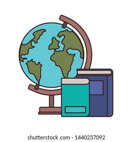 stack of books with globe on white background