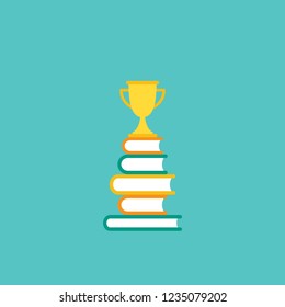 stack of books with gold trophy or winning cup.  Isolated on powder blue background. Flat reading icon. Vector illustration. Education logo. Knowledge pictogram.