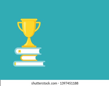 stack of books with gold trophy or winning cup isolated on blue. Flat reading horizontal background. Vector illustration. Education, graduation. Academic contest victory. Knowledge symbol.