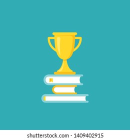 stack of books with gold trophy or winning cup.  Isolated on powder blue background. Flat reading icon. Vector illustration. Education logo. Knowledge pictogram.